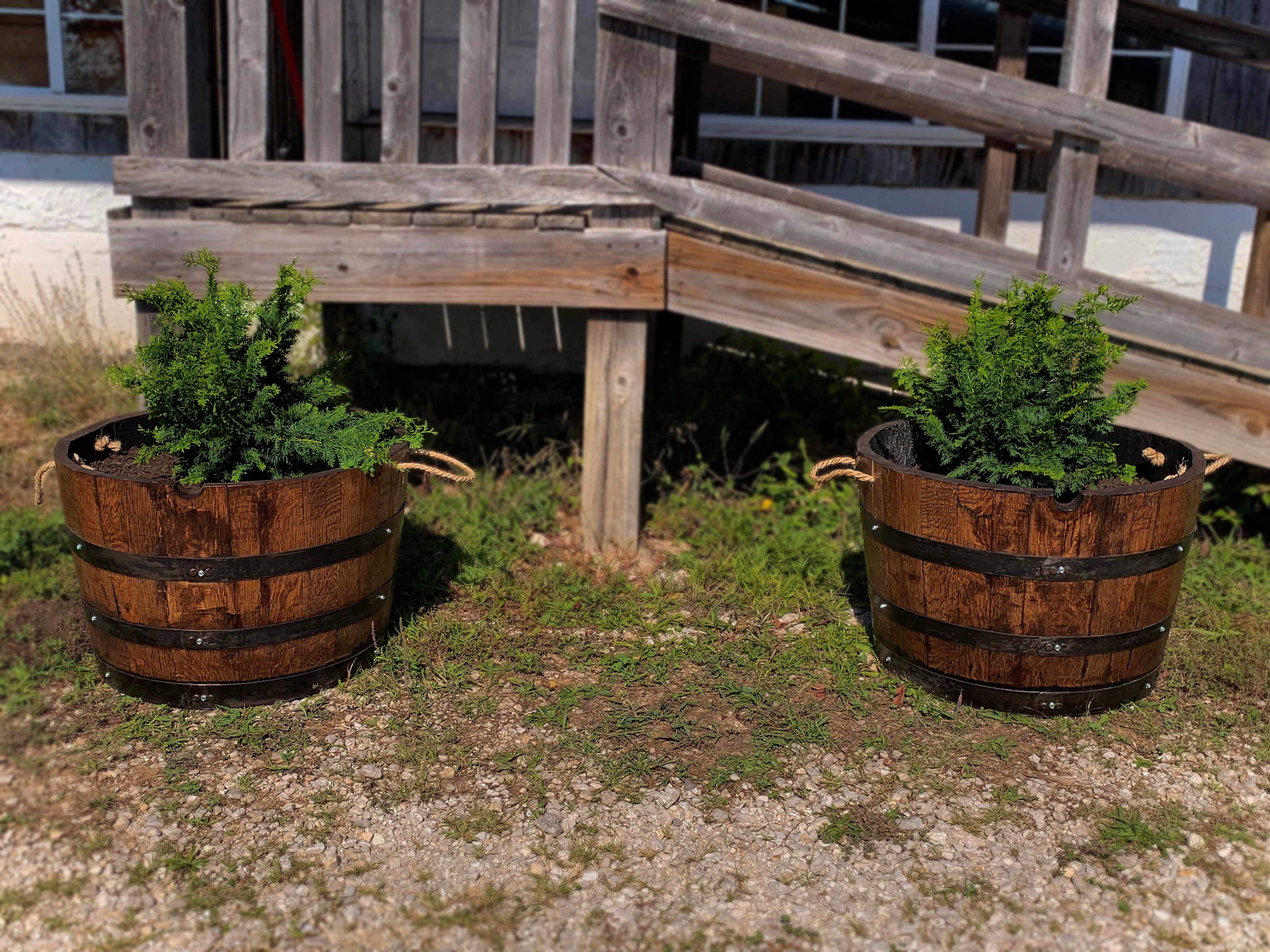 Rustic Handcrafted Barrel Planter with Carry Handles