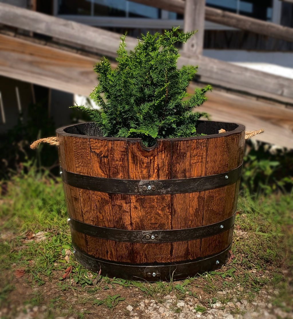 Rustic Handcrafted Barrel Planter with Carry Handles