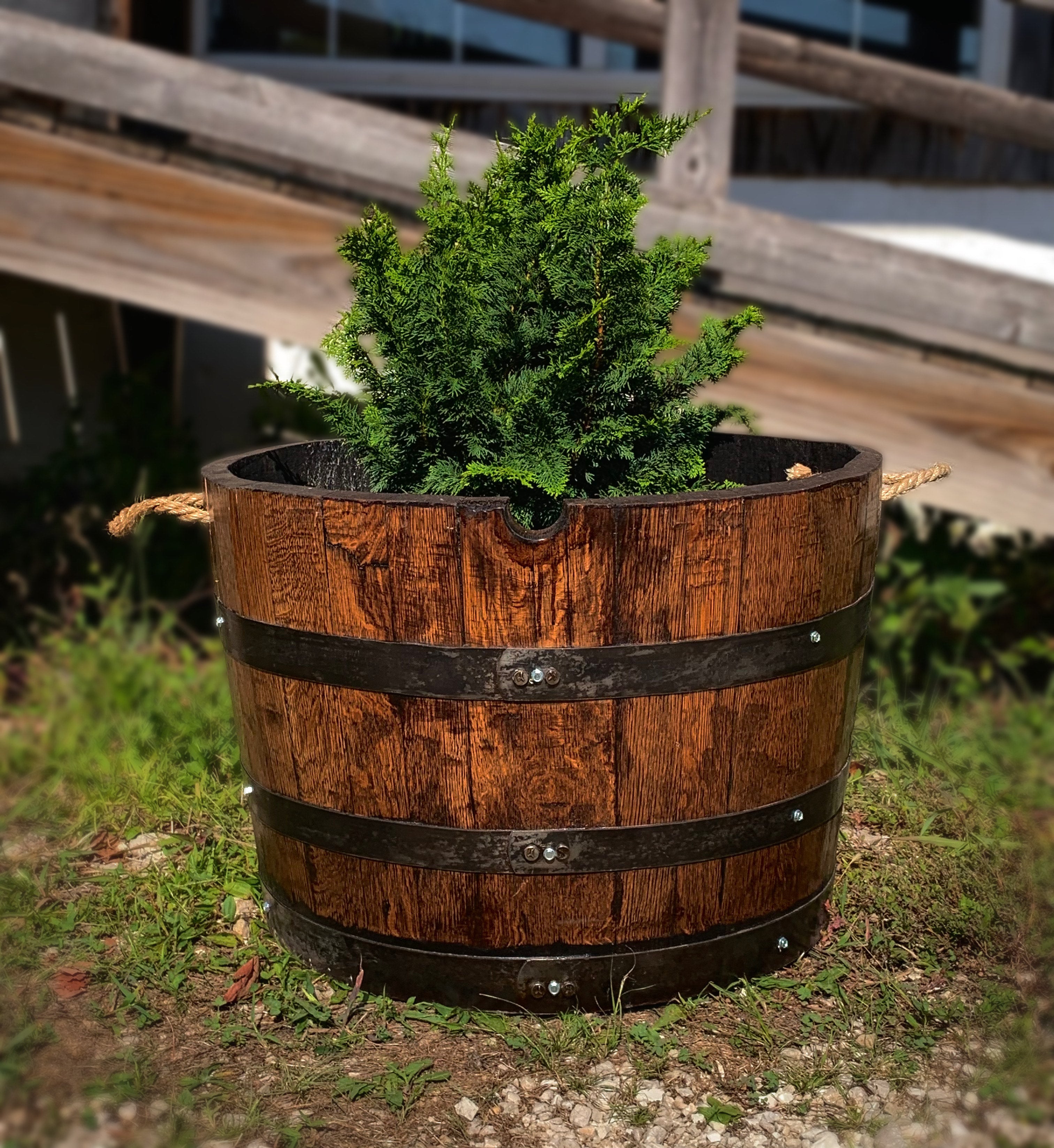 Rustic Handcrafted Barrel Planter with Carry Handles
