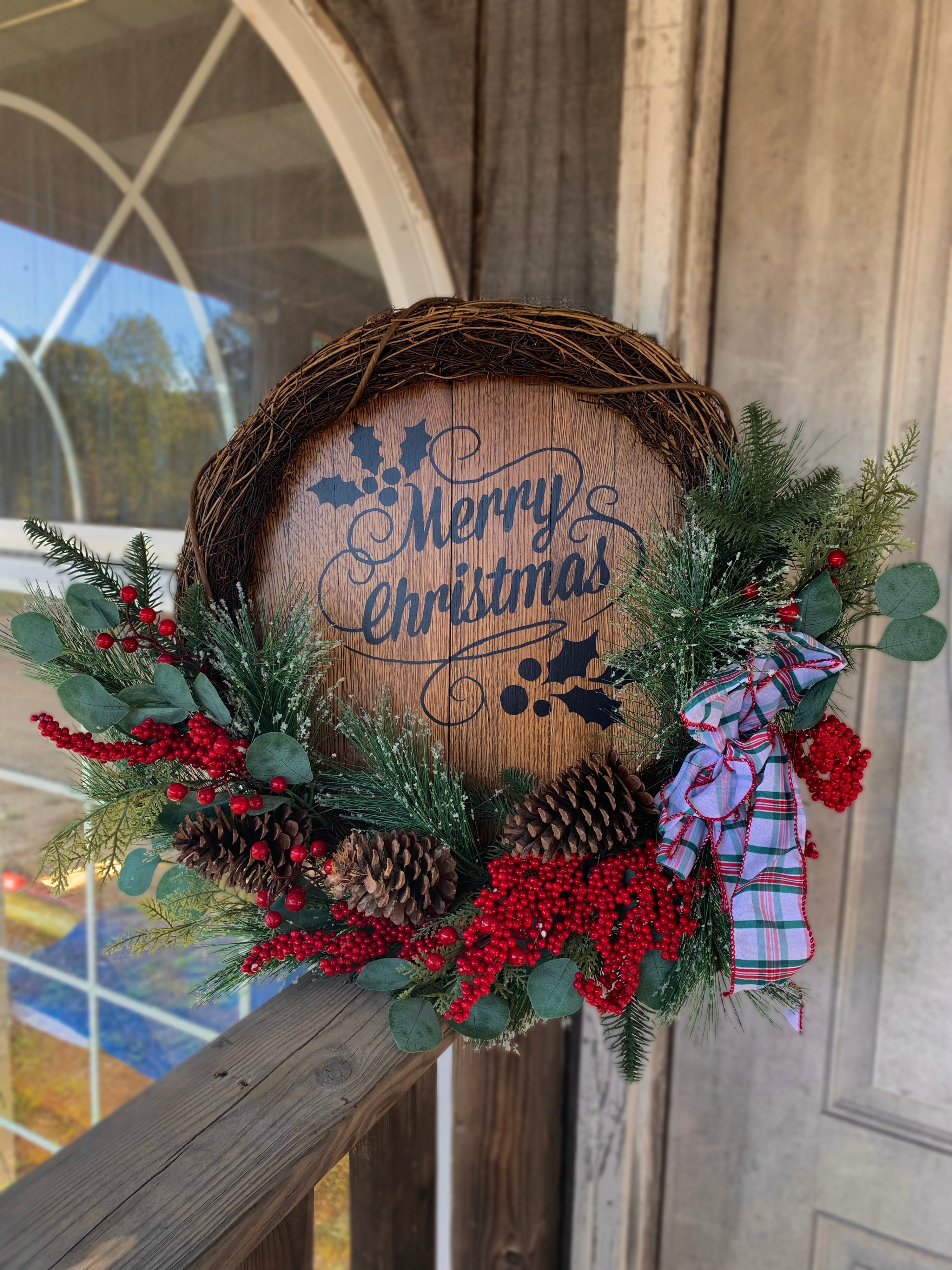 Merry Christmas Engraved Whiskey Barrel Head Wreath