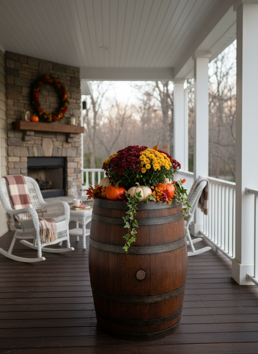 Barrel on Covered Porch