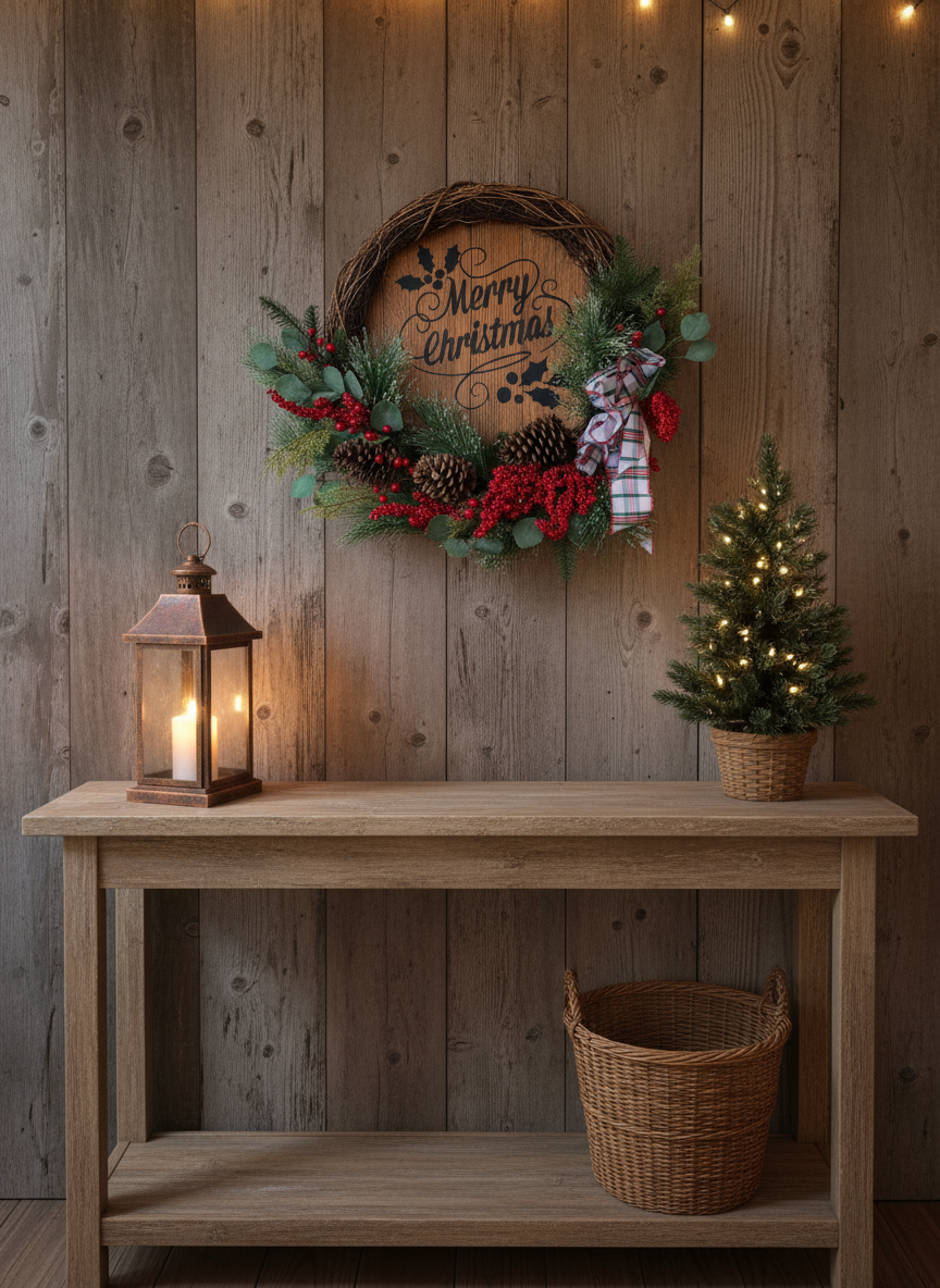 Christmas barrel wreath in rustic entryway
