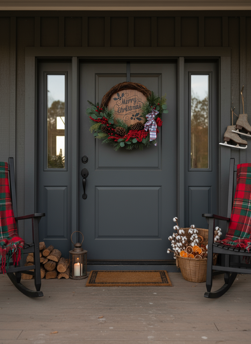 Christmas barrel wreath on gray door