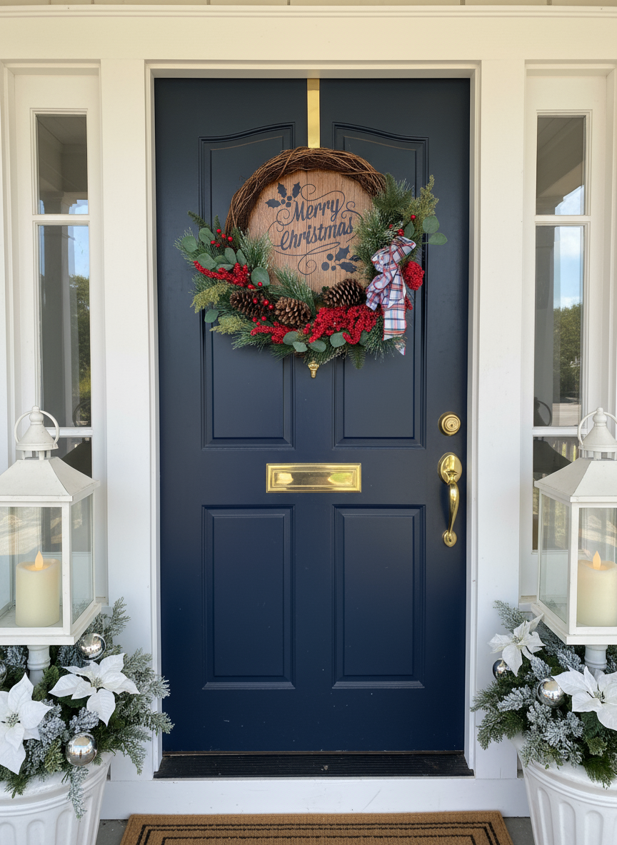 Christmas barrel wreath on navy door