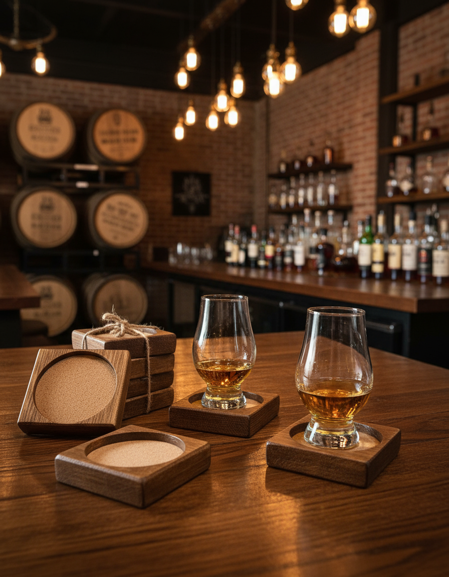 Whiskey barrel coasters in distillery