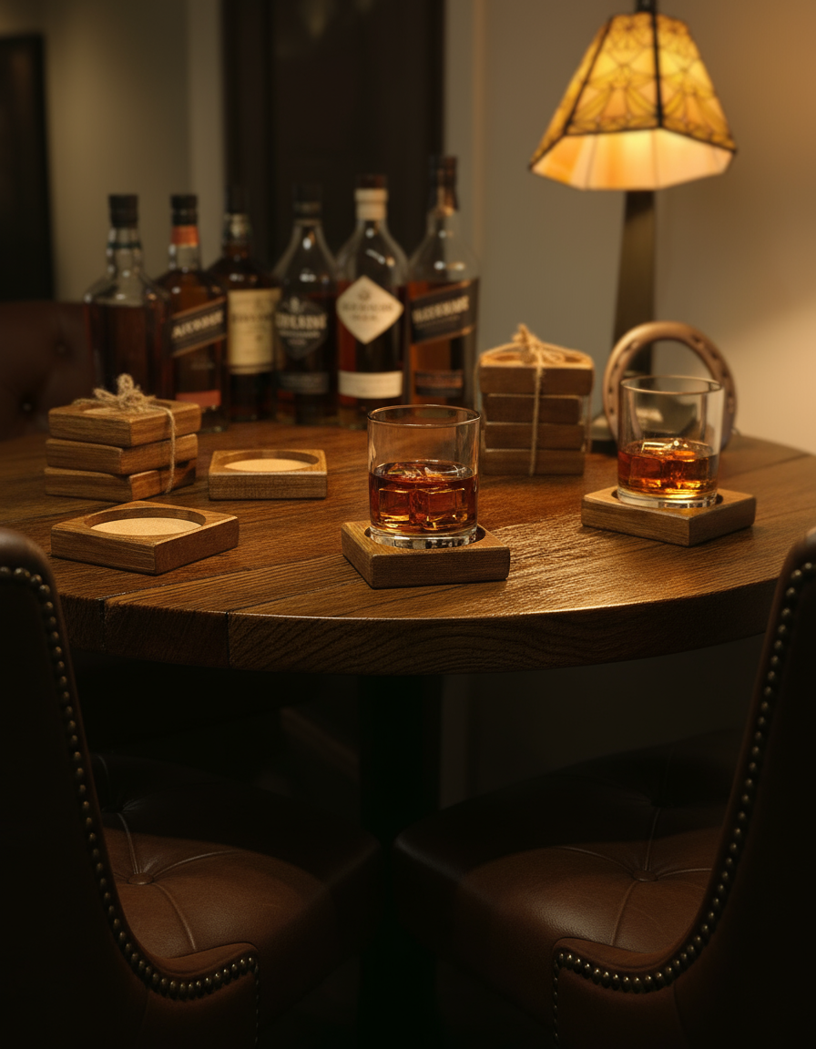 Whiskey barrel coasters on home bar